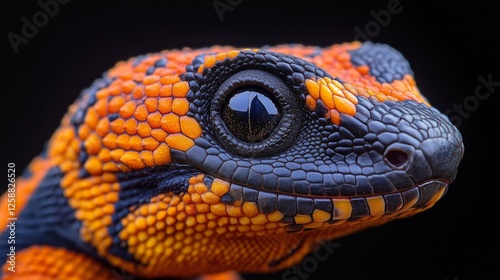 Vibrant orange and black lizard close-up showcasing intricate scales and larg...