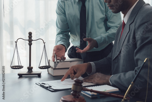Legal Counsel:  Two professional lawyers discuss legal documents,  with a scale of justice and gavel in the foreground. The scene evokes the importance of legal counsel and consultation.