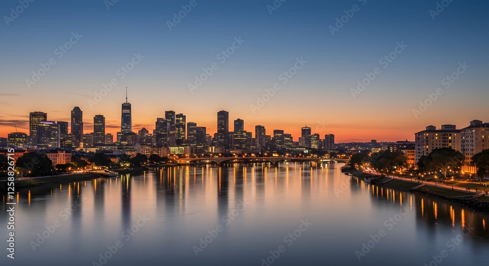 Fototapeta premium City Skyline Reflecting on River at Twilight with Beautiful Light