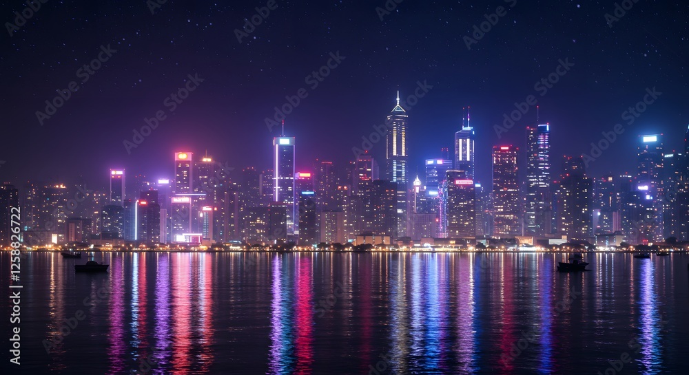 Fototapeta premium Hong Kong Cityscape at Night with Illuminated Skyscrapers and Water Reflection