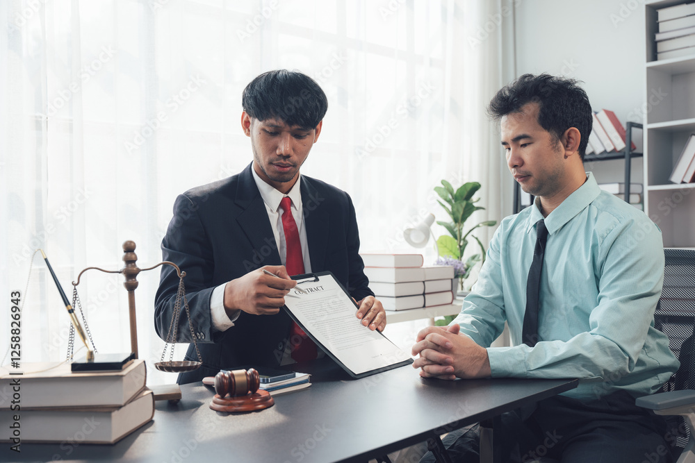 Legal Consultation: A lawyer in a formal suit reviews documents with a client during a meeting in a professional office setting. Legal Consultation: A lawyer in a formal suit reviews documents with a client during a meeting in a professional office setting.