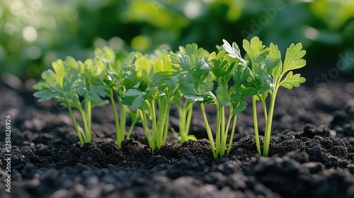 Green parsley sprouts growing in rich soil in a garden during daylight