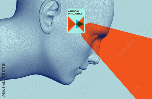 The head of a person in profile with the focus of attention on something expressed in colour. The robot model is made in stipple style. Cover design template. Vector for presentation, banner, etc.