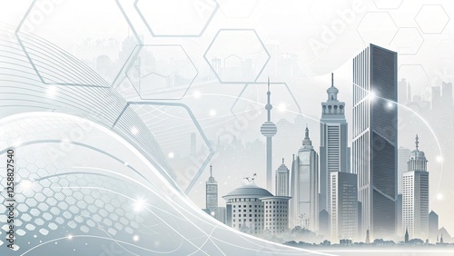 Minimalist Futuristic Background with Abstract Cityscape, Hexagonal Patterns, and Technology-Inspired Design