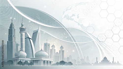 Minimalist Futuristic Background with Abstract Cityscape, Hexagonal Patterns, and Technology-Inspired Design