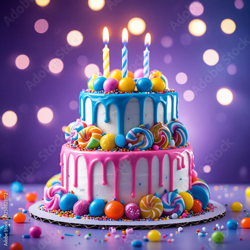 Blue Birthday Cake with White Chocolate Drip and Lit Candles