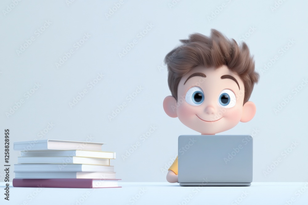 Cartoon Boy Studying with Laptop and Books Cartoon Boy Studying with Laptop and Books