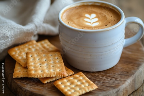 Perfect afternoon snack with coffee and crackers on wooden board
