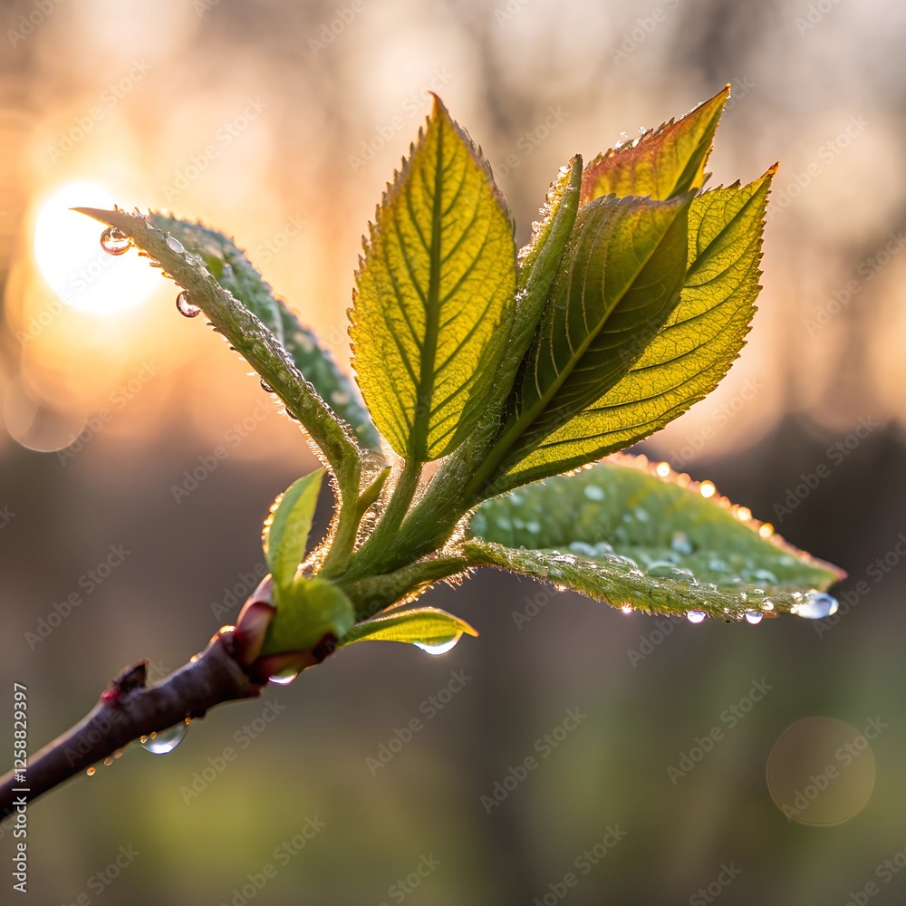 the first early spring leaf on a tree branch surrounded by soft pastel light. the first early spring leaf on a tree branch surrounded by soft pastel light.