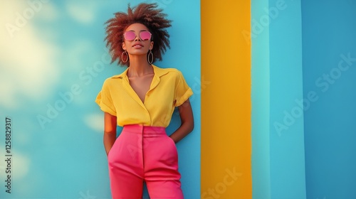 Brightly dressed woman poses against vibrant blue and yellow wall in urban se...
