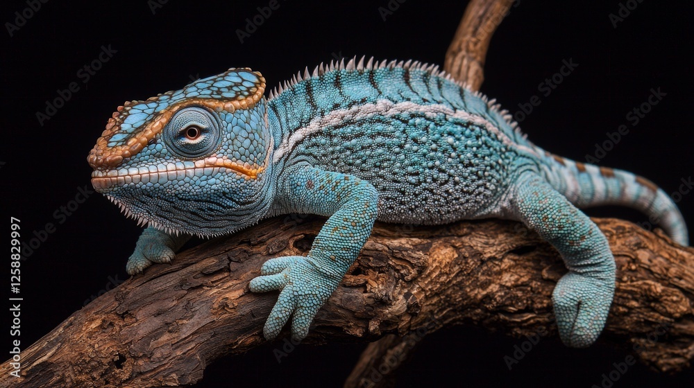 Obraz premium Colorful lizard perched on a branch in a dark setting showcasing unique scales and features during a calm moment