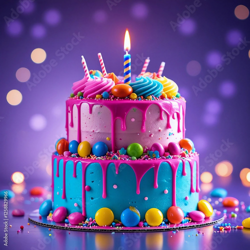 Blue Birthday Cake with White Chocolate Drip and Lit Candles