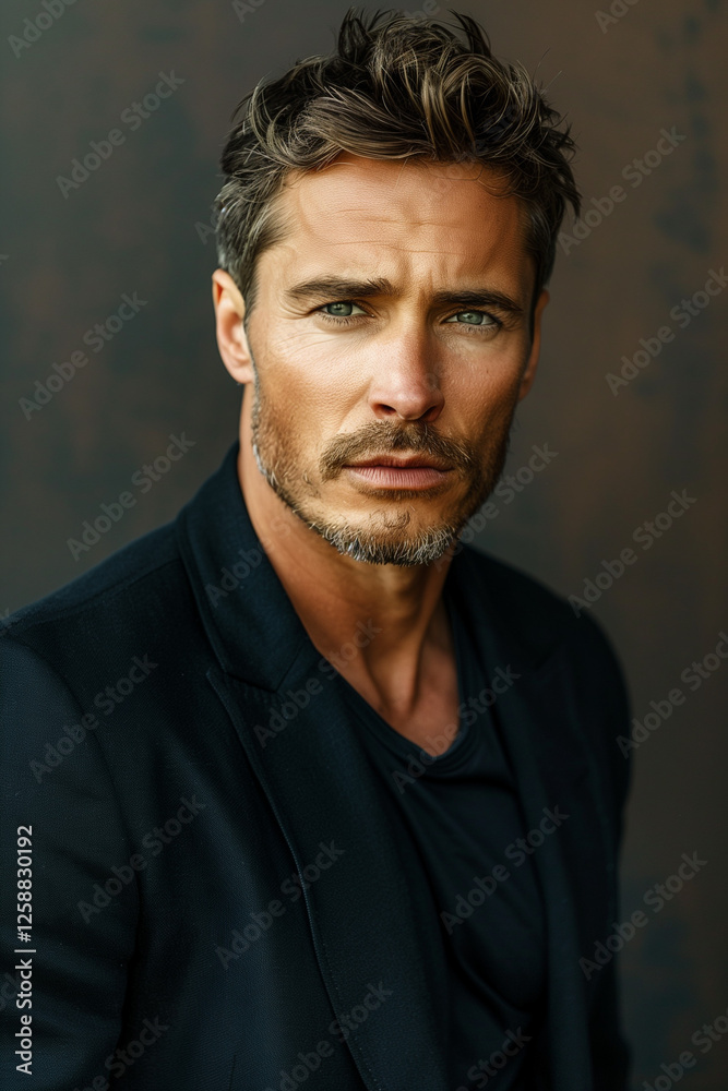 A close-up portrait of a handsome man with a confident and thoughtful expression, dressed in a black shirt and jacket. His tousled dark hair and strong facial features stand out. A close-up portrait of a handsome man with a confident and thoughtful expression, dressed in a black shirt and jacket. His tousled dark hair and strong facial features stand out.