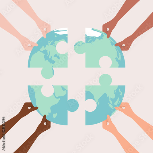 Hands of people of different nationalities and skin tones putting together Earth globe puzzle pieces