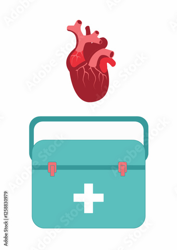 Heart transplant carrying case. Human heart transplantation case for organ transplantation. Heart and vessels anatomy organ. Donor medicine patient help donation vector illustration.