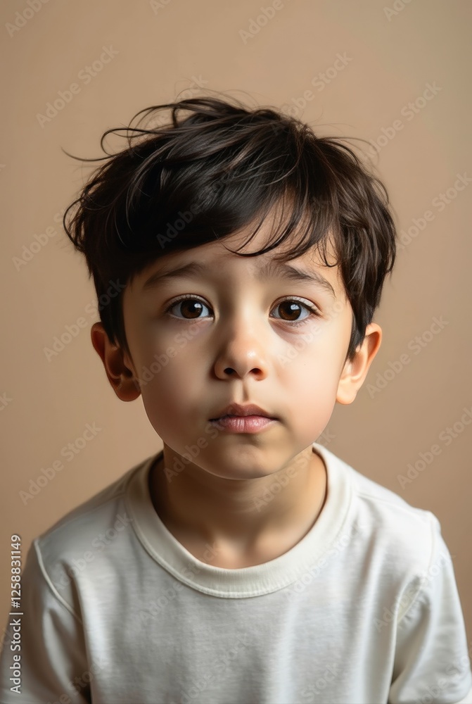 Sad young boy posing in studio with light brown background