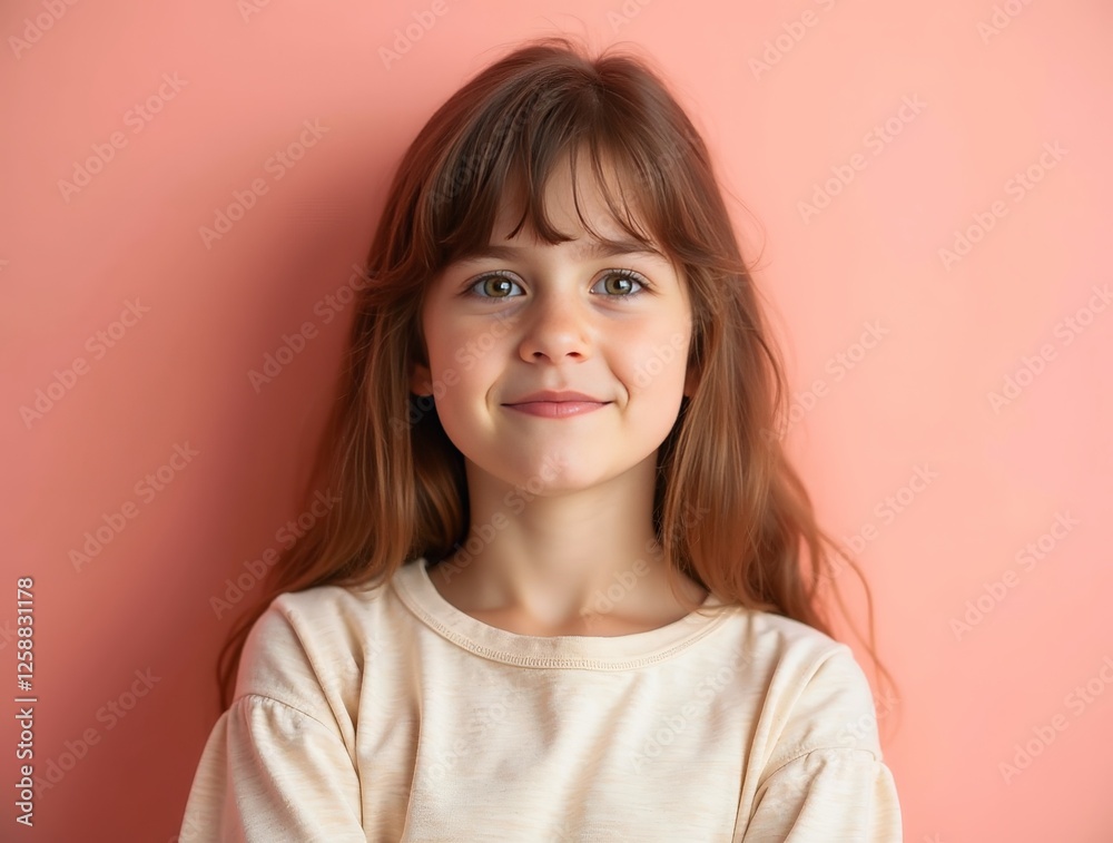 Portrait of smiling young girl with light brown hair on pink background Portrait of smiling young girl with light brown hair on pink background