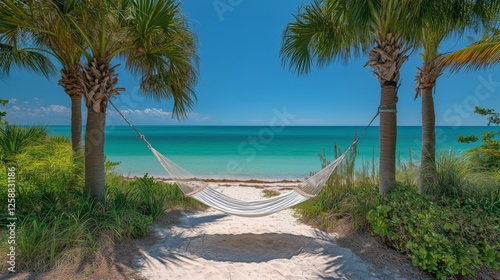 Relaxing hammock between palm trees on a tropical beach with clear blue water...