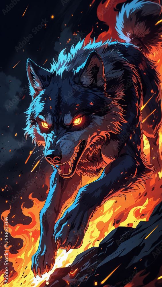 Fototapeta Fierce black wolf with glowing eyes emerging from flames – fantasy art