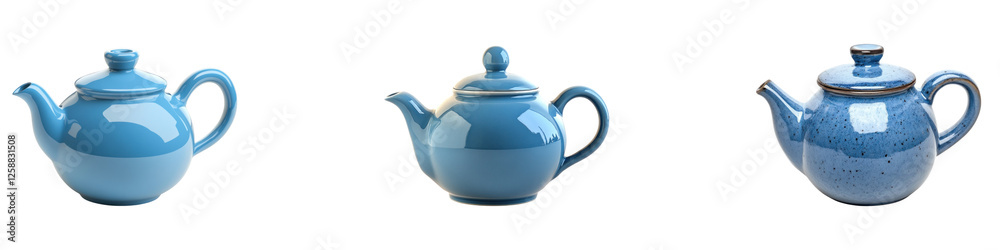 Blue ceramic teapot isolated on transparent background ,PNG, set of Blue ceramic teapot isolated on transparent background ,PNG, set of