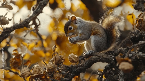 Squirrel foraging for food on a branch during autumn in a forested area