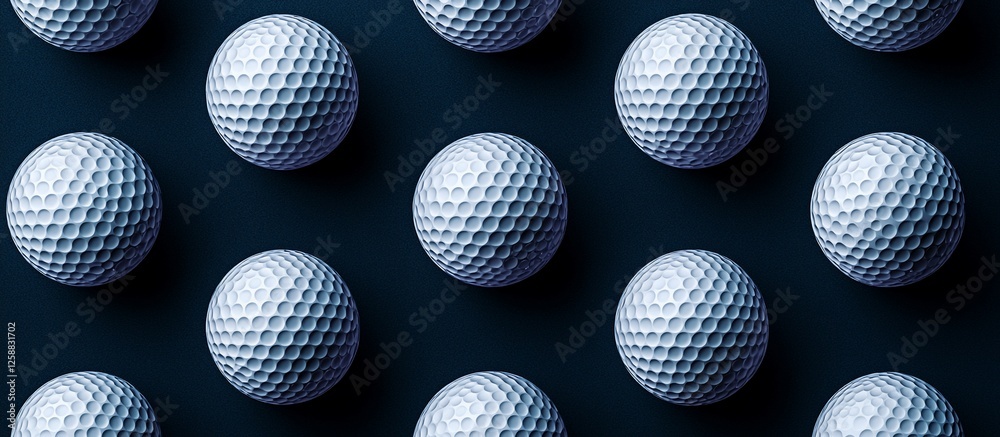 Close-up of textured golf balls arranged in a grid pattern on a dark background Close-up of textured golf balls arranged in a grid pattern on a dark background