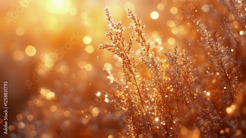 Sparkling golden grass glows in warm sunlight during evening hours