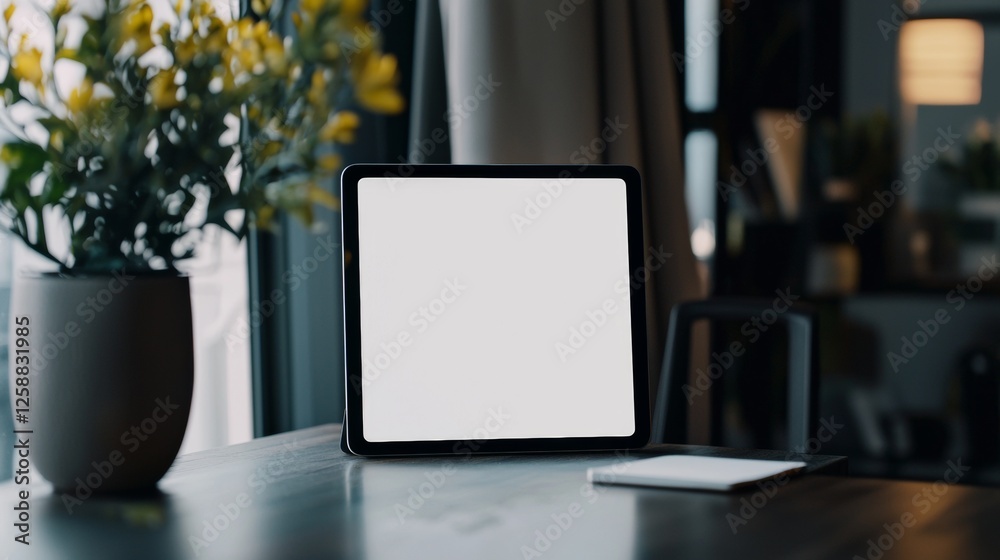 Fototapeta premium Sleek workspace illuminated by a warm lamp showcasing a blank tablet and nearby notebook in a cozy environment during nighttime