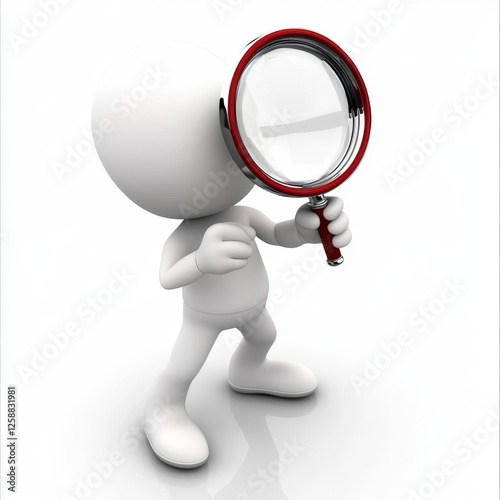 White figure inspecting with magnifying glass on white background, for website design (1) photo
