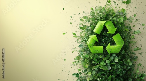 Green symbol representing recycling surrounded by lush leaves on a light back...