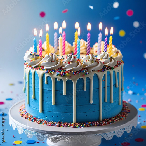 Blue Birthday Cake with White Chocolate Drip and Lit Candles
