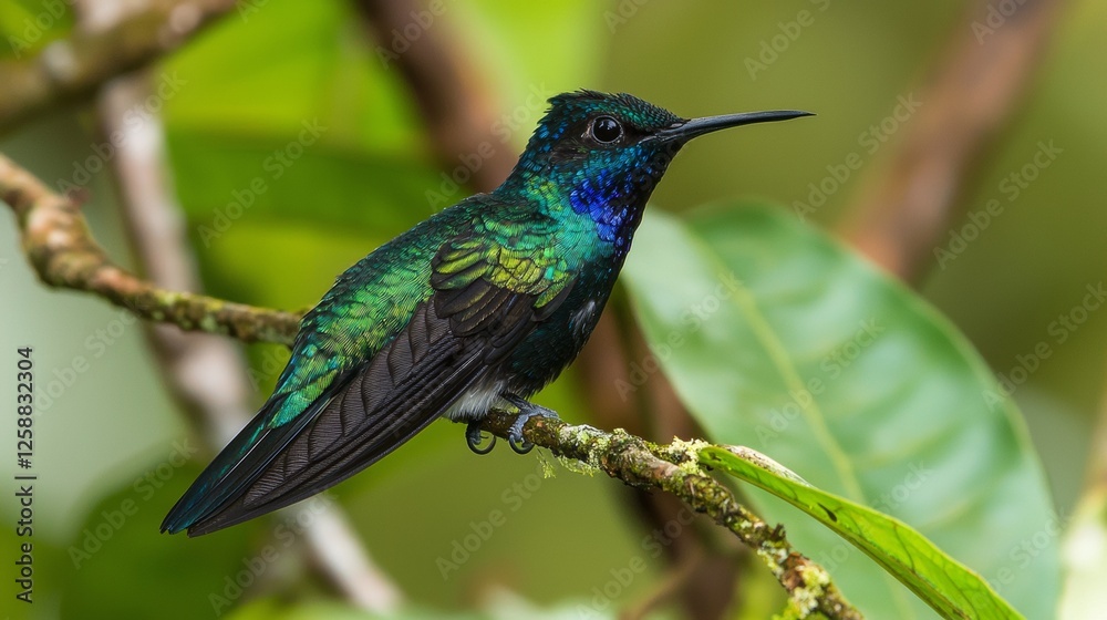 Colorful hummingbird perched on a branch surrounded by lush green foliage in a tropical setting during daylight Colorful hummingbird perched on a branch surrounded by lush green foliage in a tropical setting during daylight