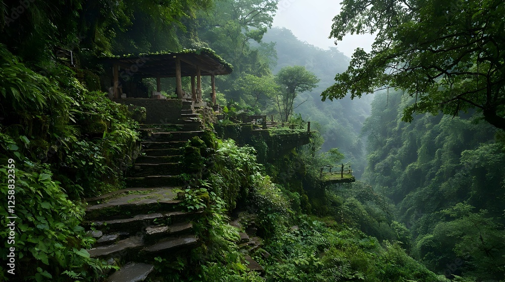 Misty Mountain Forest Path With Gazebo Misty Mountain Forest Path With Gazebo