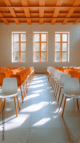 Rows of empty chairs in a bright room with large windows during the day