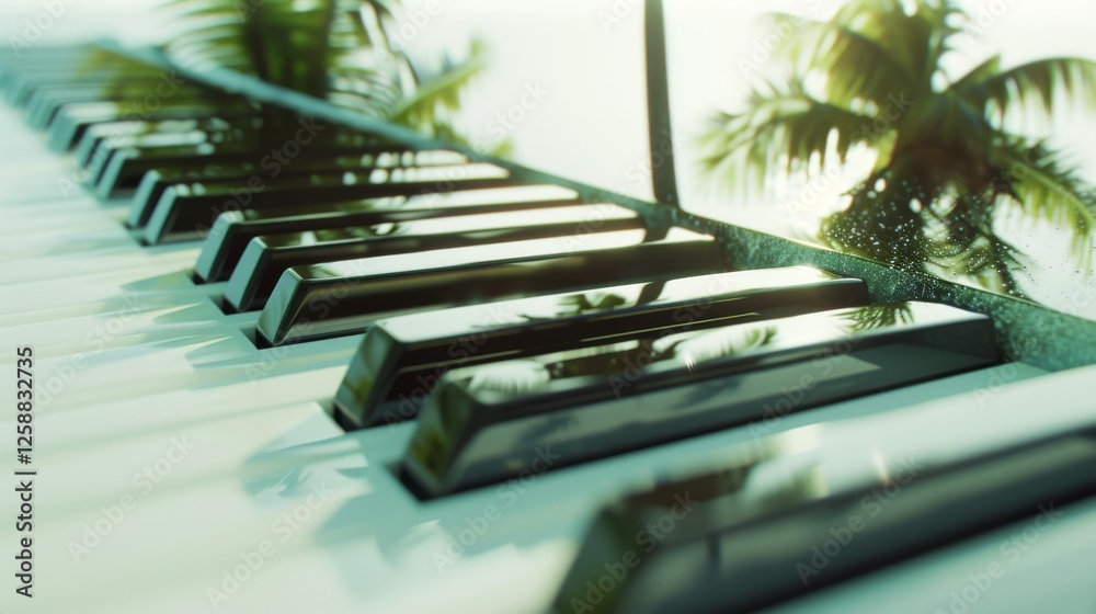 A close-up of piano keys reflecting tropical palm tree shadows, creating a serene and artistic ambiance with natural light and sharp details. AI generated.