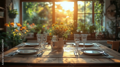 Cozy dining setup with flowers and sunlight in a warm atmosphere during late ...