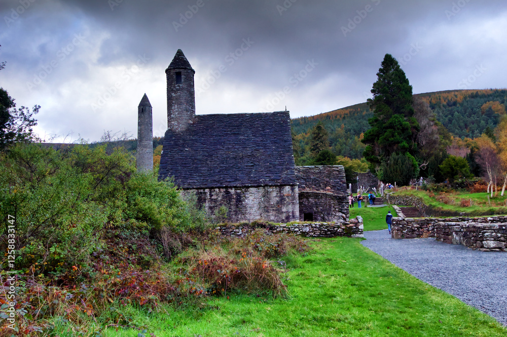 Medieval church of the Glendalough monastery in the Wicklow mountains in Ireland Medieval church of the Glendalough monastery in the Wicklow mountains in Ireland