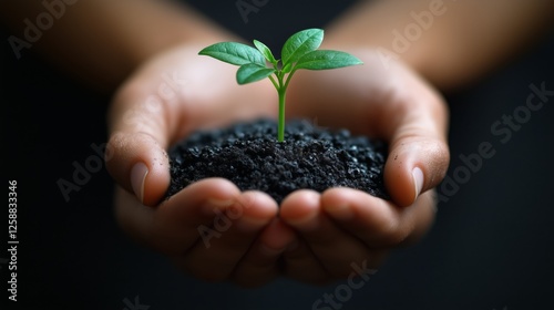 Hands holding young plant emerging from soil in natural setting