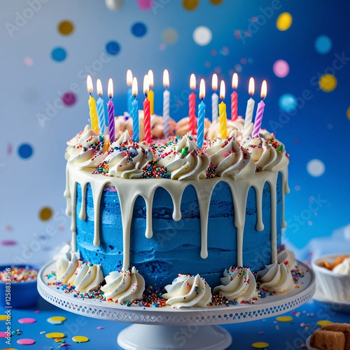 Blue Birthday Cake with White Chocolate Drip and Lit Candles
