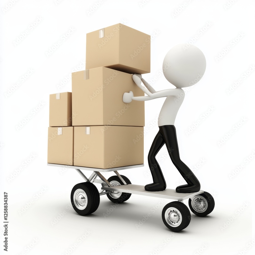 Worker moving boxes on hand truck, white background, logistics (1) Worker moving boxes on hand truck, white background, logistics (1)