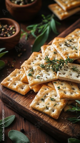 Savory crackers topped with herbs on a wooden board in a rustic setting