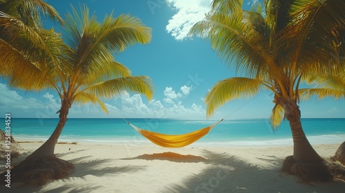 Relaxing hammock strung between palm trees on a tranquil beach at midday