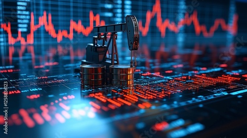 This image showcases oil production dynamics depicted alongside intricate abstract financial data, highlighting the essential link between natural resources and global finance.