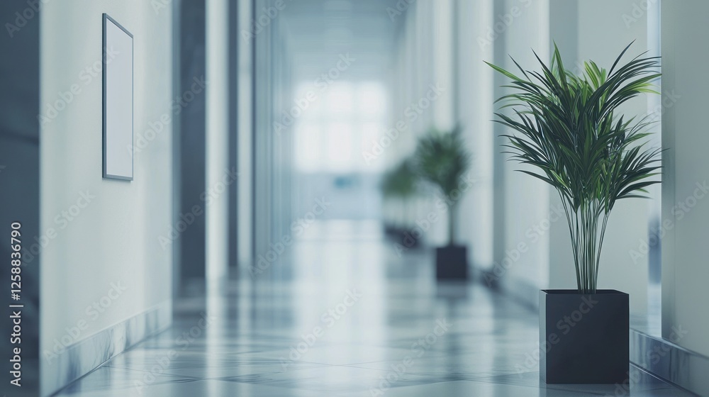Fototapeta premium Modern Office Corridor with Plants and Minimalist Decor