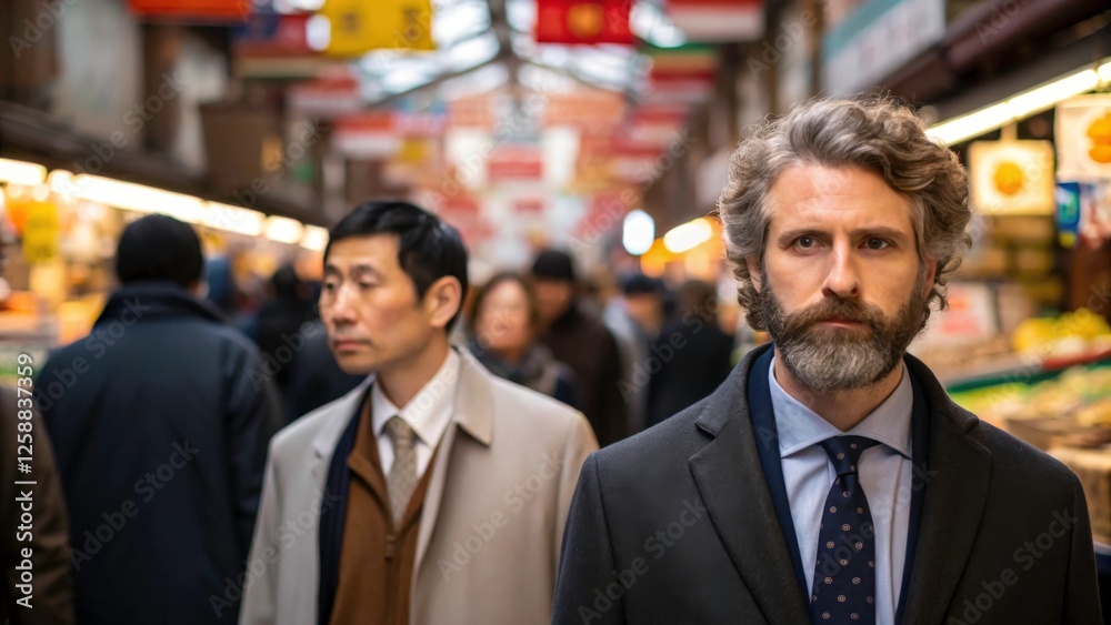 Fototapeta premium a man in a suit walks through a crowded market in asia. The man is looking intensely at the camera with a stern expression. He has a beard and grey hair.