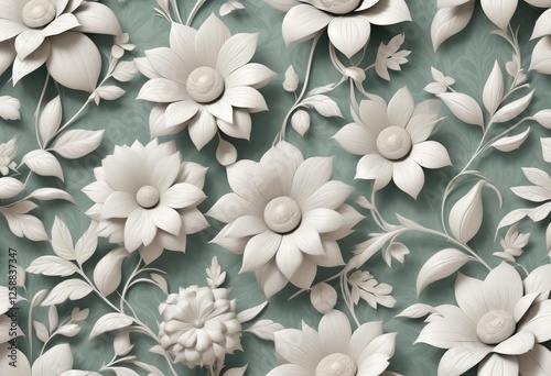 A beautiful fantasy vintage flower wallpaper with white color variation made from a 3d model of flowers and leaves.