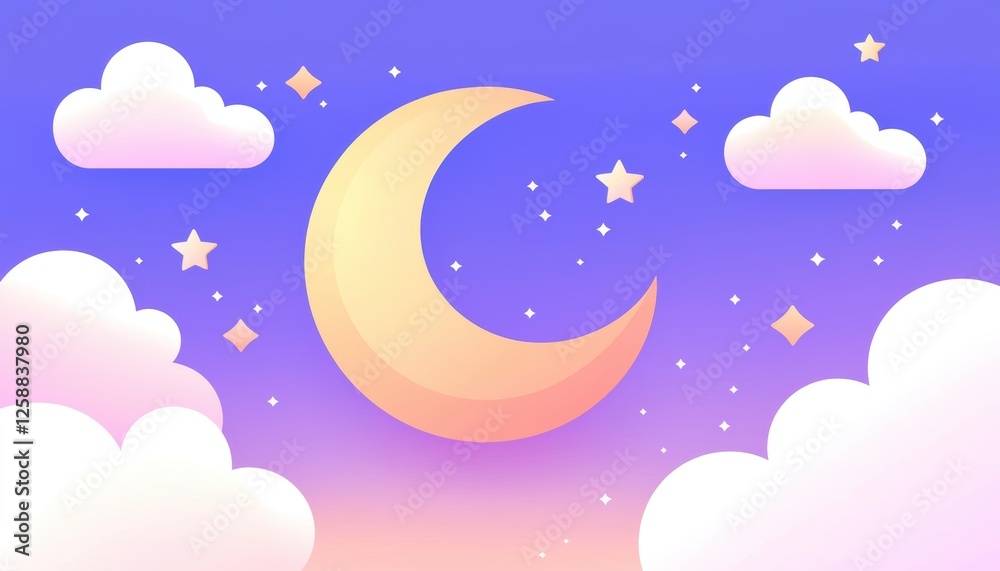 A whimsical moon and stars scene surrounded by soft clouds against a pastel purple backdrop. A whimsical moon and stars scene surrounded by soft clouds against a pastel purple backdrop.