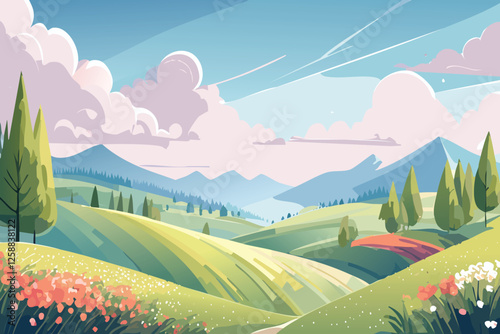 A vibrant and colorful illustration of a picturesque mountain valley