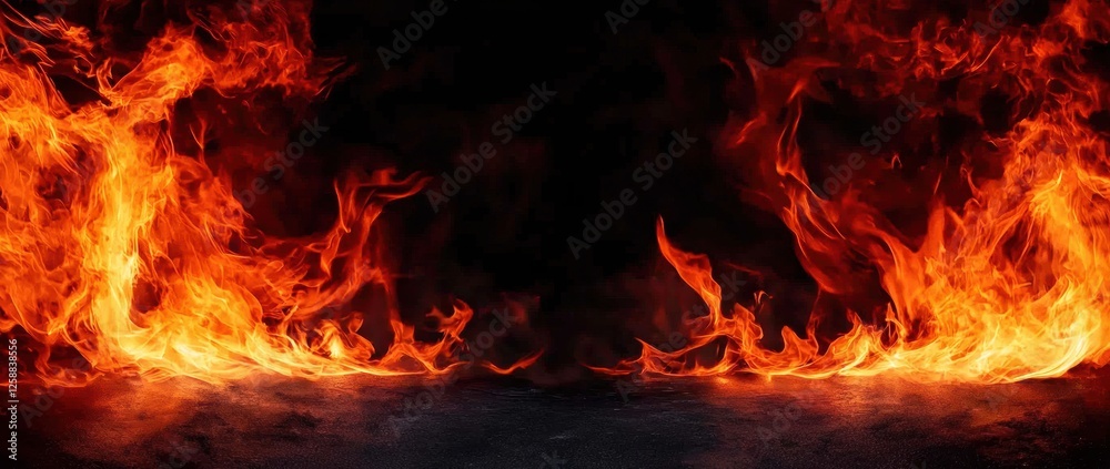 Intense red and orange flames form a circular shape against a black background, creating a dramatic and fiery scene with swirling smoke Intense red and orange flames form a circular shape against a black background, creating a dramatic and fiery scene with swirling smoke