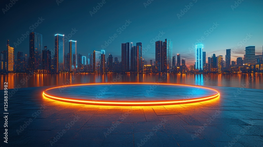 Fototapeta premium Neon platform city waterfront night display